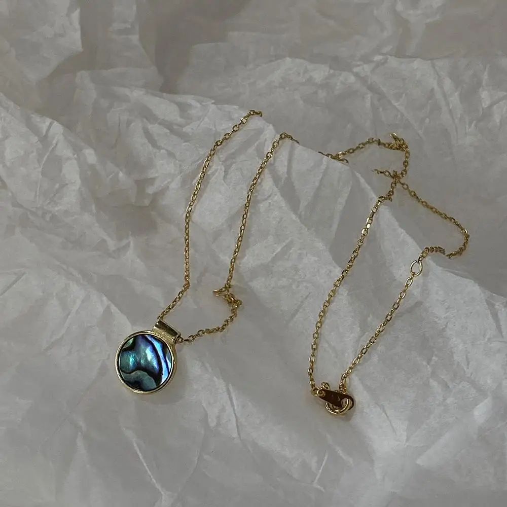 NEW Authentic 925 Sterling silver Gold Abalone Shell Round blue Colorful Necklace Pendant High Quality Fine Jewelry C-B691