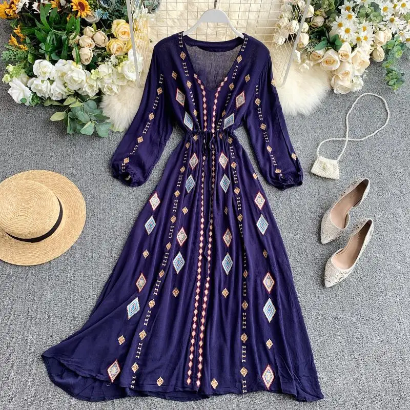 2021 V Neck Vintage Long Sleeve Vestidos Elegant High Waist Embroidered Travel Dress Bohemian Midi Dress Female Vestidos