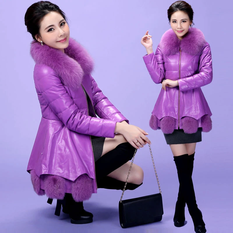 

2023 Size Plus Fashion Women Faux Leather Fur Collar Mid-Long Autumn Winter Down Jacket And Coats GQ2304