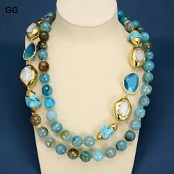GuaiGuai Jewelry Natural Blue Faceted Agates Gold Plated Blue Turquoises Cultured White Keshi Pearl CZ Paved Crystal Necklace
