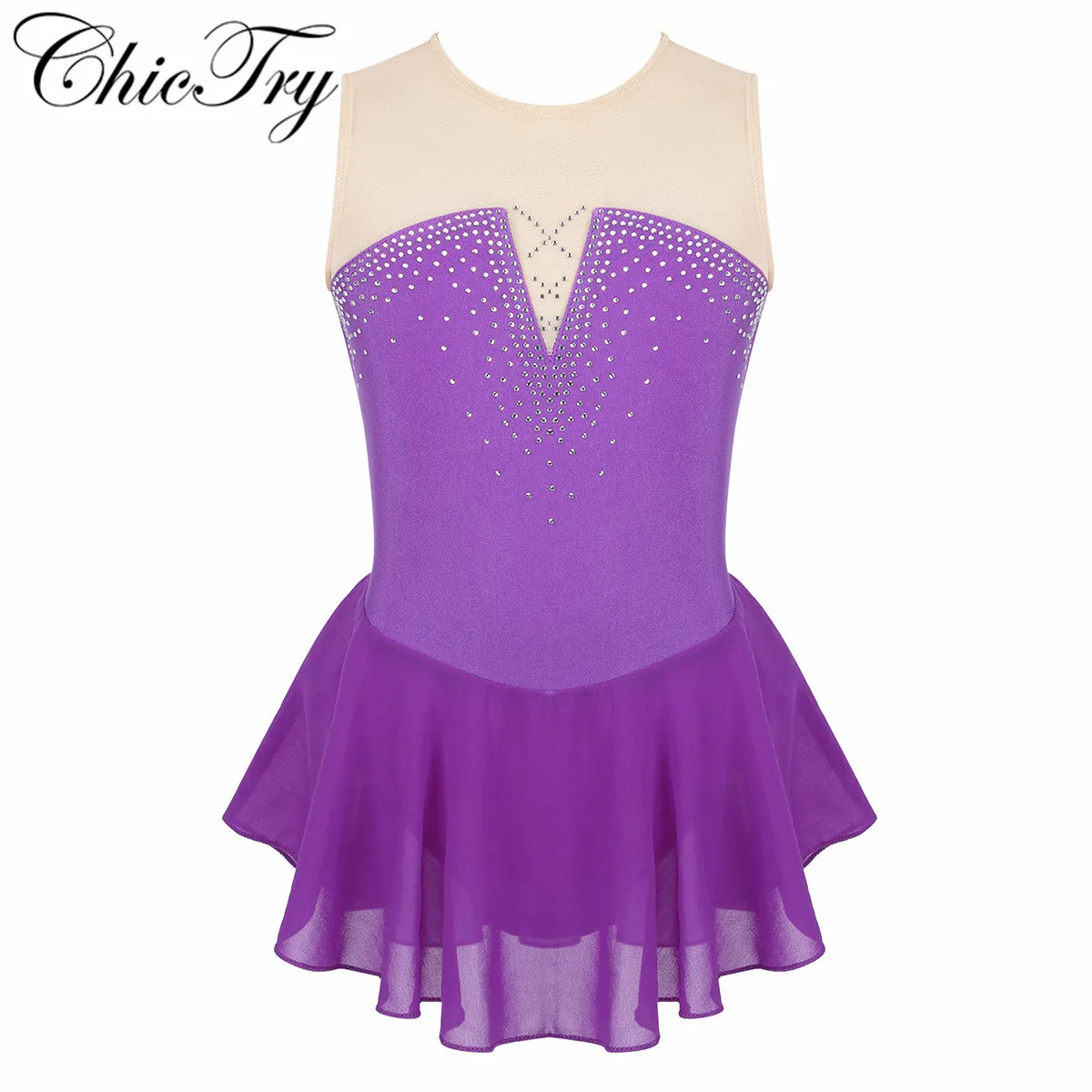 

Детское платье-пачка без рукавов с блестящими вставками и сетчатыми вставками для катания на коньках, балетных танцах, гимнастики