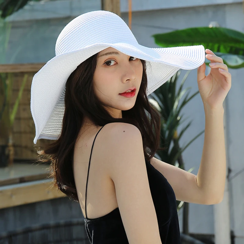 HT3062 Mode Große Große Breite Krempe Hut Solide Plain Floppy Strand Sonnenhut Packable Sommer Hüte für Frauen Dame Stroh hut Strand Kappe – Detail 1