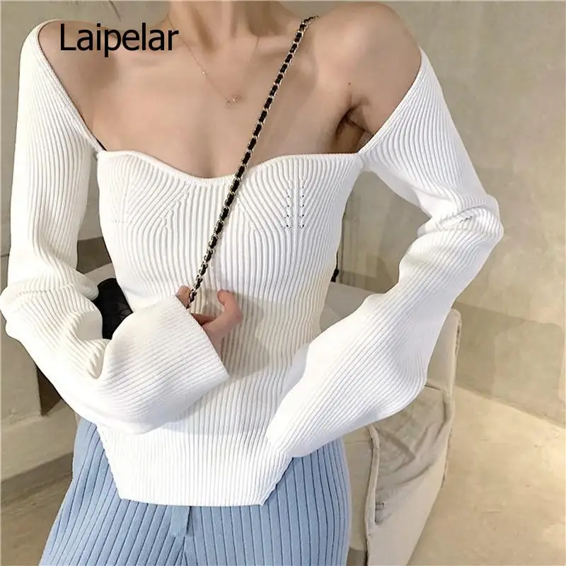 Knitted Sweater Spring 2020 Sexy Strapless Long Sleeve Ladies Pullover Fashion Casual Square Collar Female Tops