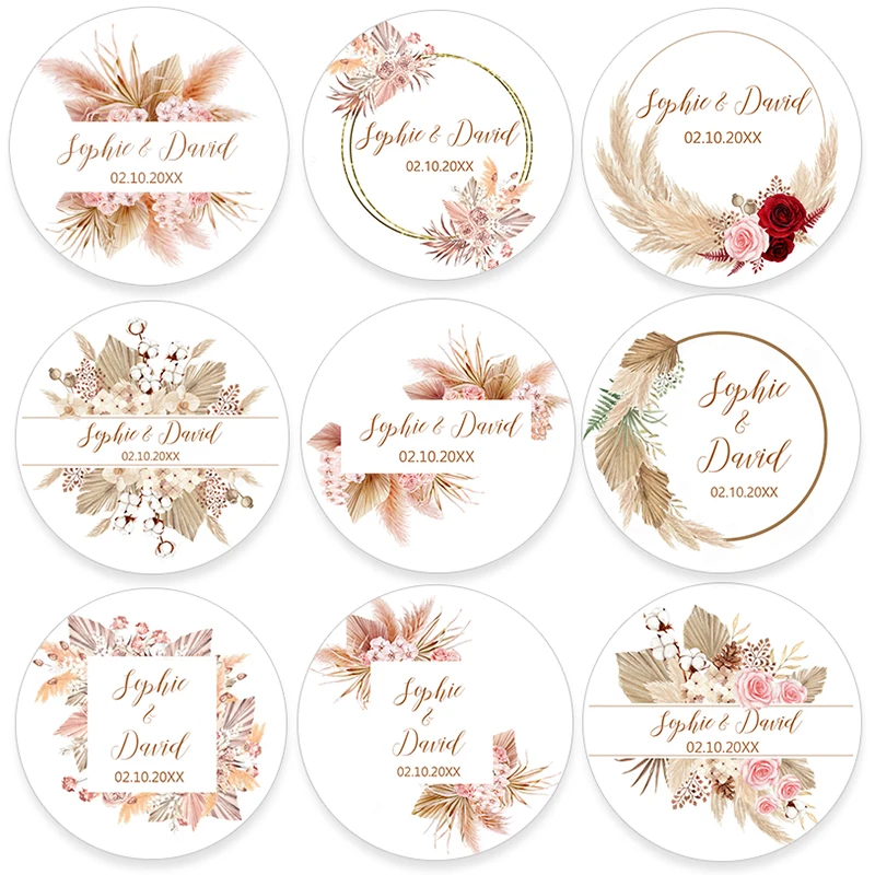 Pampas Grass customize Sticker Custom Wedding Labels Personalise Baptism Wedding Birthday Sealing Sticker Party Decor Supplies