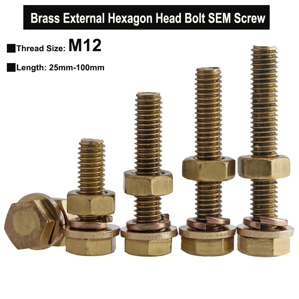 

1Set M12 Length 25mm-100mm Brass External Hexagon Head Bolt Three Combination Screw with Plain Washer Spring Washer and Nut