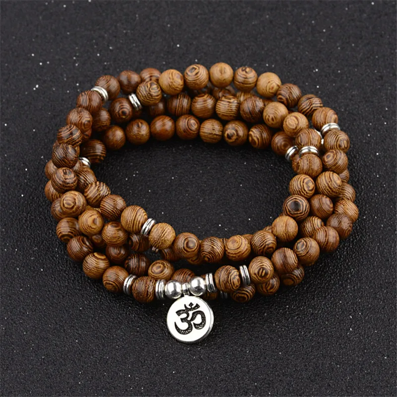 Unisex Women Men Yoga 108 Beads Rosary Bracelet Natural Sandalwood Buddhist Buddha Wood Prayer Beaded Lotus OM Bracelets Jewelry