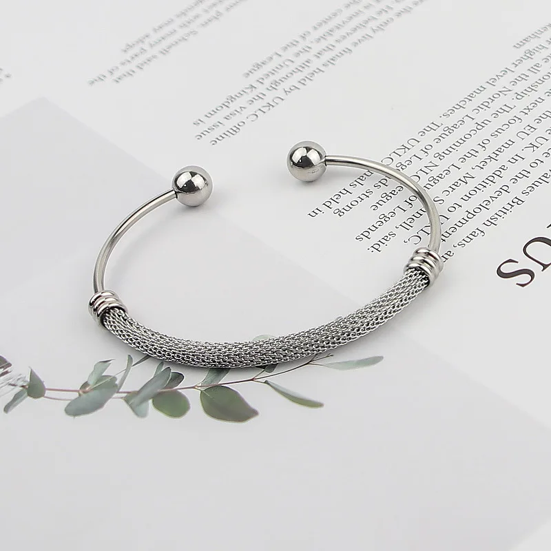 Simple Stainless Steel Twisted Wire Mesh Opening Steel Ball Ladies Bracelet Birthday Anniversary Gift Wholesale image 4