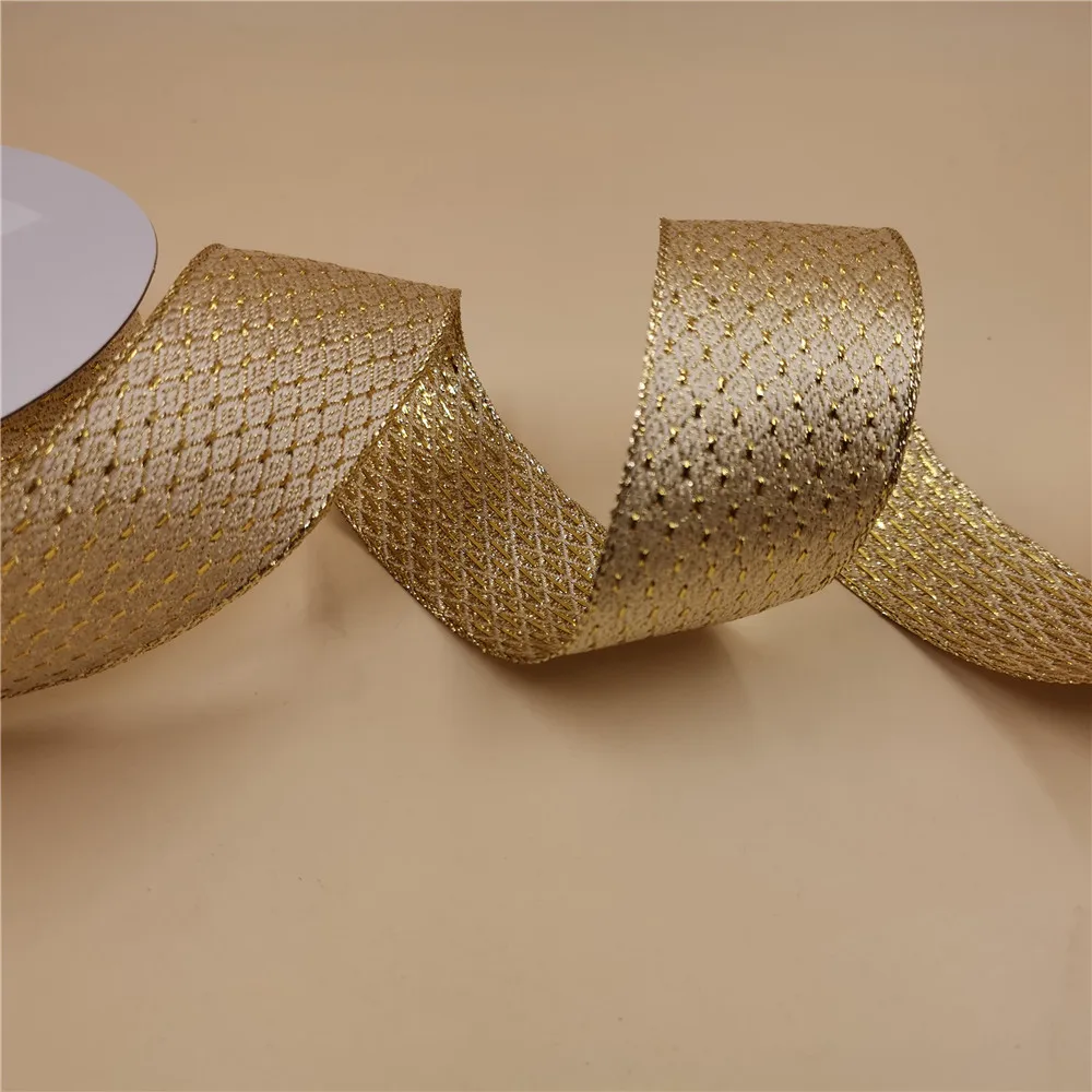 38MM 25yards Wired Edge Golden Lurex Metallic Ribbon for Festival Christmas Decoration New Year Gift Wrapping