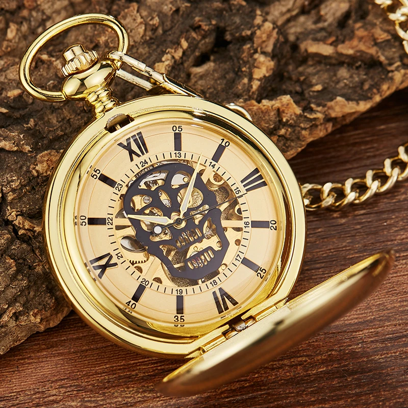 Smooth Gold Case Skull Roman Numerals Dial Mechanical Pocket Watch Luxury Golden Fob Chain Collection Clock for Men Dropshipping