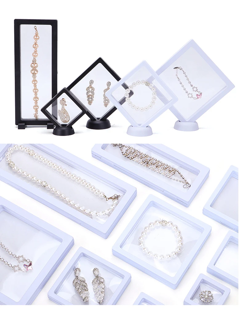 PE Film Jewelry Storage Box 3D Packaging Case Gemstone Free Stand Floating Frame Membrane Ring Earrings Necklace Display Holder