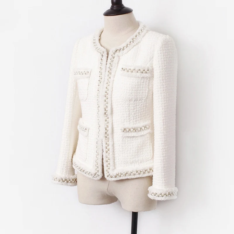 Chaqueta de tweed blanca para mujer, con cuentas hechas a mano abrigo de lana, chaqueta clásica de lana para mujer, Primavera/Otoño/Invierno