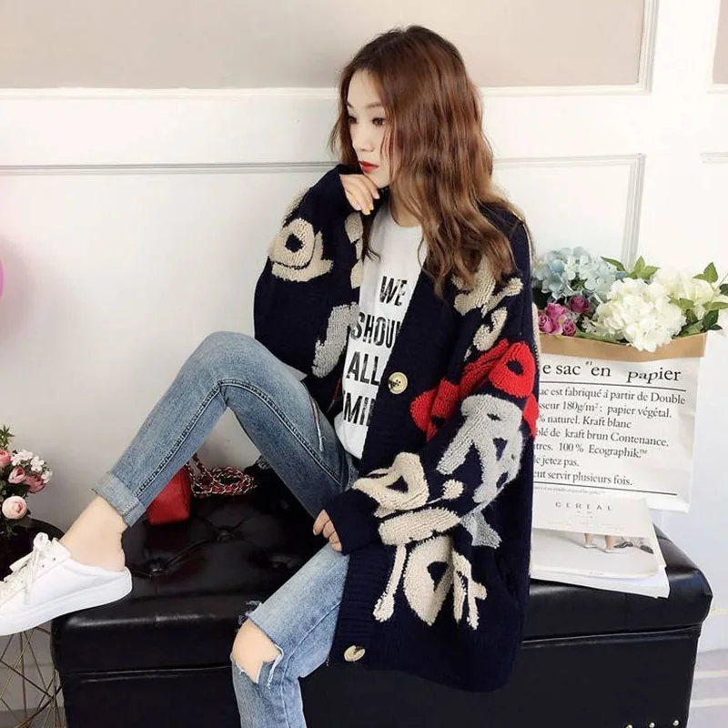 Embroidery Sweater Women Cardigan Spring Autumn Lady Loose Korean 2023 New Outwear Knit Long Coat Female Fashion Overcoat W8