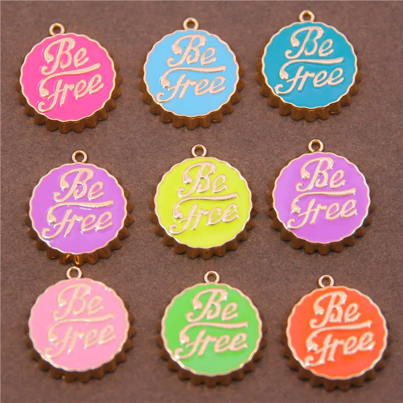 6Pcs Dainty Enamel Letter Be Free Round Bottle Cap Shape Pendant/Charm, Daint Medallion Charm, Necklace Bracelet Charm Accessori