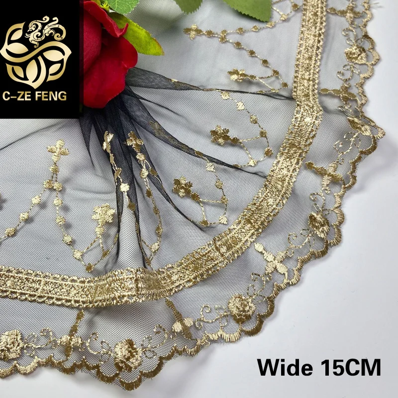 15CM Wide Elegant Black Mesh Lace Fabric Gold Thread Embroidery Ribbon Trim Dress Guipure Lace Scarf Apparel DIY Sewing Decor