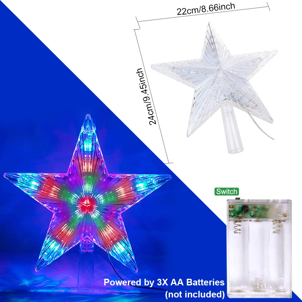 Battery Operated Christmas Star Tree Topper LED Pentagram Starlight Treetop Christmas Decoration Ornament Flashing Holiday Light