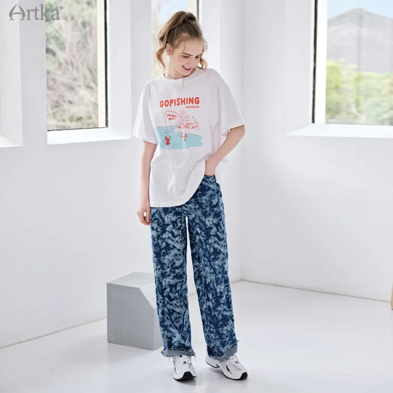 ARTKA 2021 lato nowy kobiety Jeans moda w stylu Vintage Tie dye Denim spodnie wysokiej talii luźne drapowania dżinsy z szeroką nogawką KN22019X