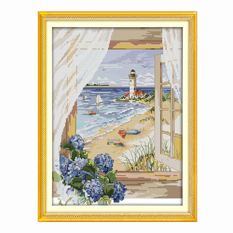 The view from the window counted 11CT 14CT Cross Stitch Kit Set DIY DMC The sea Cross-stitch Embroidery Needlework Home Decor