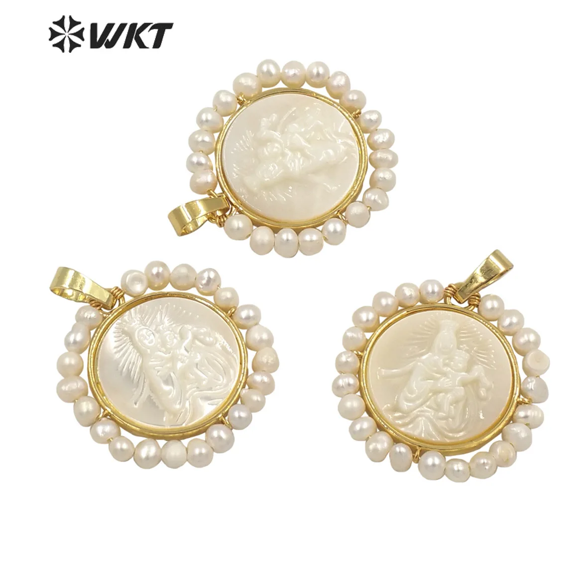 WT-JP262 Amazing Fashion Handmade Wire Wrapped Tiny Pearl Charm Shell Pendant Gold Bezel Jesus Religious white shell pendants