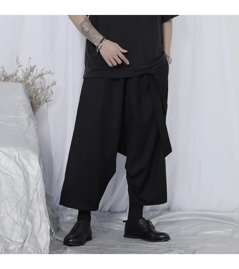 New Casual Pants Men's Nine Point Pants Black Casual Large Wide Leg Pants Fashion Handsome Loose Strap Pants Men's Casual Pants