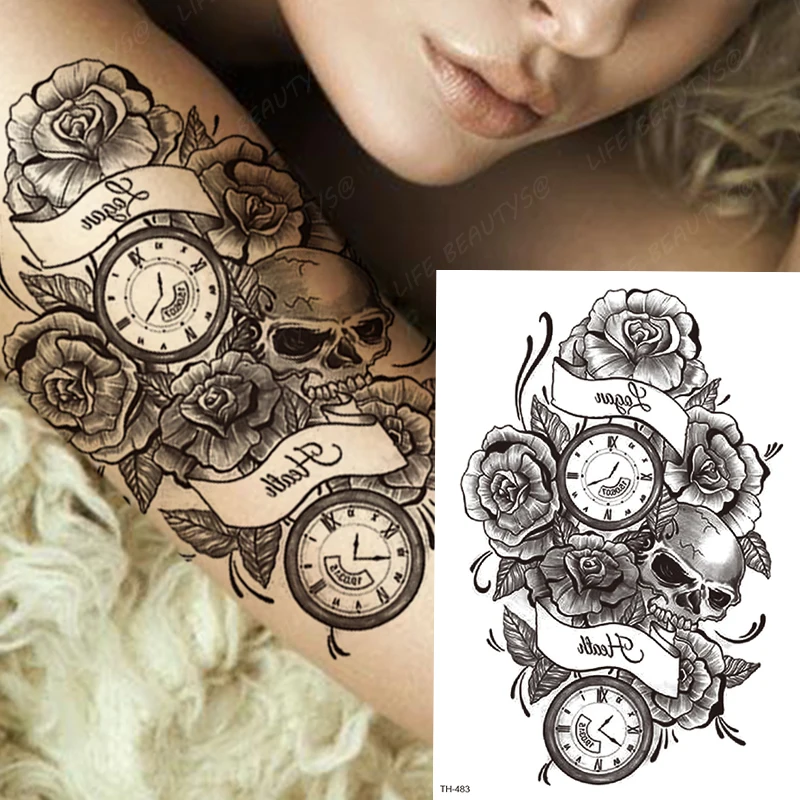 Black Flower Skull Waterproof Temporary Tattoo Women Beauty Hand Clock Compass Fashion Fake Tattoos Arm Art Sleeve Sticker Girl