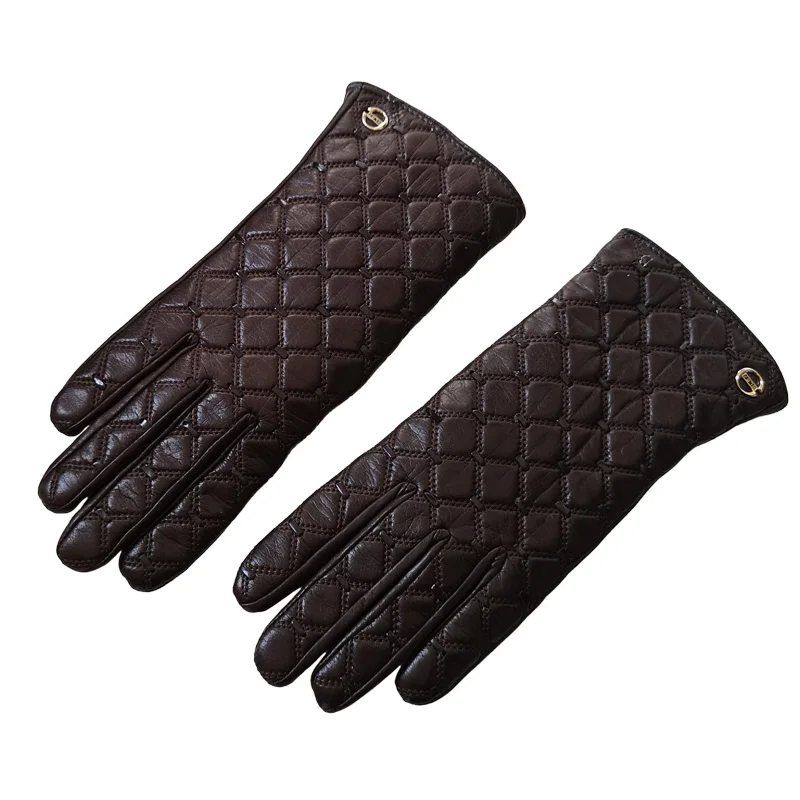 Imported High-End Women\'s Real Leather Gloves Thin Keep Warm Diamond Weave Sheepskin Gloves Spring Autumn EL037NN