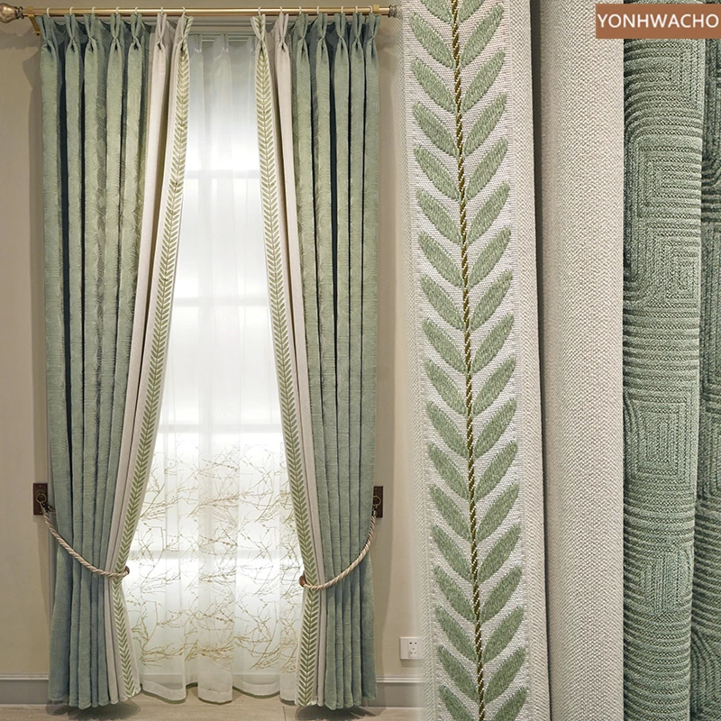 

Custom curtain luxury Quality fashionable simple natural smooth chenille green cloth blackout curtain tulle panel C253