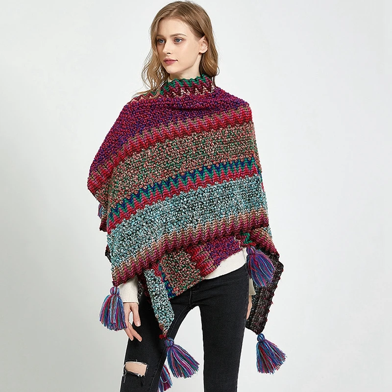 Christmas Scarf Gift Wool-like Pashmina Stripe Weave Cardigan Sweater Knit Ball Multi-Color Lovers Shawl Long Cashmere Poncho