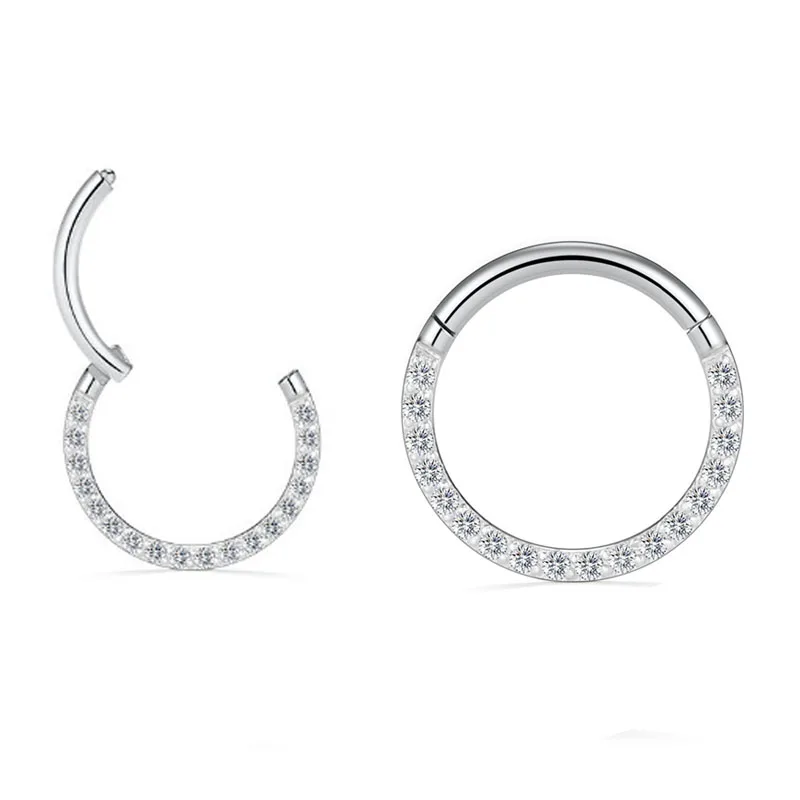 9PCS/Lot Surgical Steel Micro Zircon Nose Hinged Ring Forward Septum Clicker Ear Cartilage Tragus Body Jewelry Wholesale