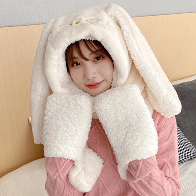 Sweet Cartoon Rabbit Ear Hat Cute Winter Gift Windproof Scarf and Gloves Set Cute Winter Thick Hoodies Scarf with Mitten White