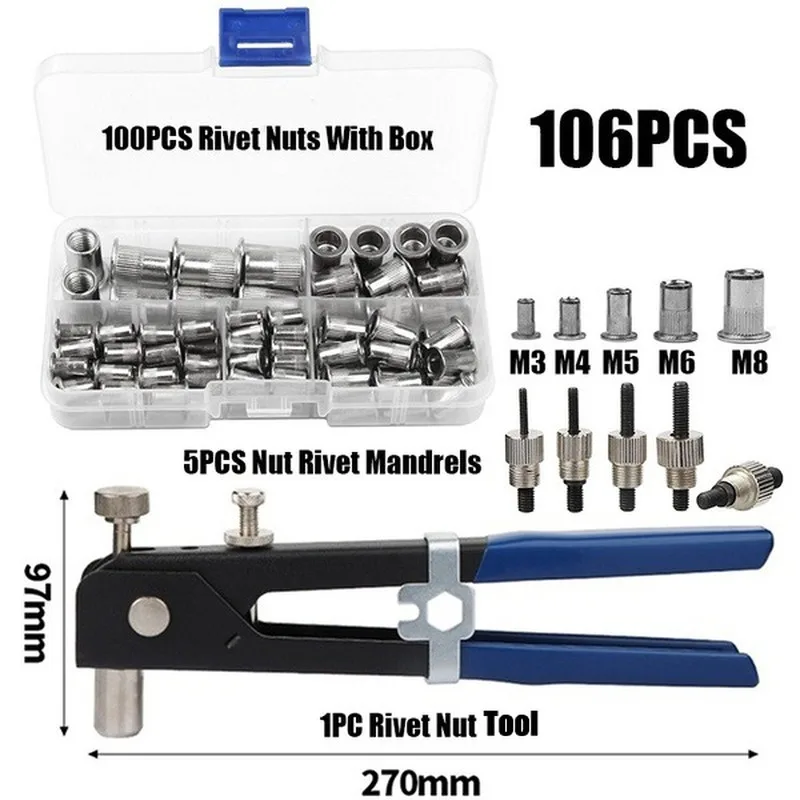 

106PCS Hand Riveter Nut Rivet Gun Kit M3/M4/M5/M6/M8 Manual Threaded Nut Rive Tool Stainless Steel Household Repair Tools