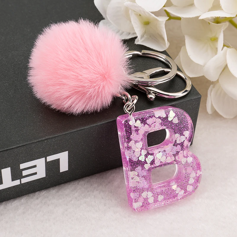 1PC Keyring Pink Color English Letter Keychain with Puffer Ball  26 English word Glitter Resin A TO Q Handbag Charms for Woman - view 4