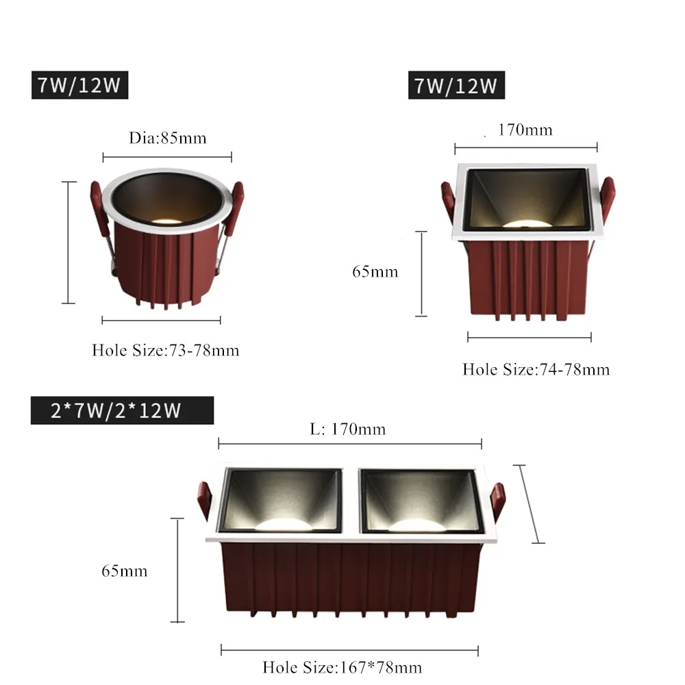 Imagem -06 - Alumínio Embutido Led Teto Downlight Elegante Quarto Downlight Square e Round Lamp Spot de Alta Qualidade 7w 12w