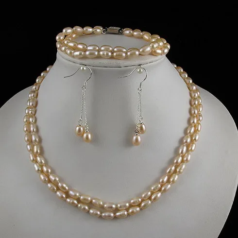 

Terisa Pearl Jewelry Set Pink Rice 2 Rows Real Freshwater Pearl Necklace Bracelet Earrings Handmade Fashion Jewelry Women Gift