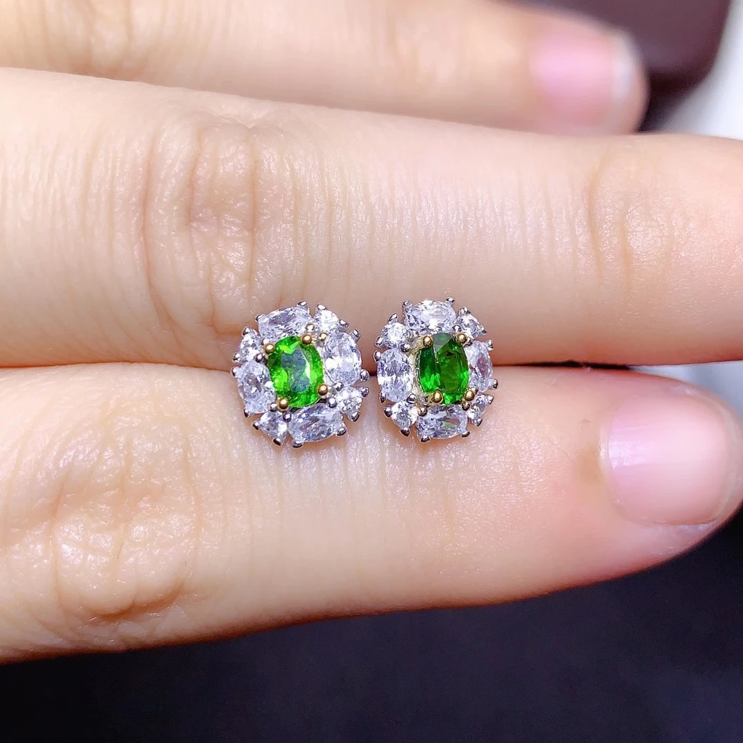 Fine Jewelry 925 Pure Silver Chinese Style Natural Diopside Girl Luxury Classic Oval Gemstone Earrings Ear Stud Marry Party