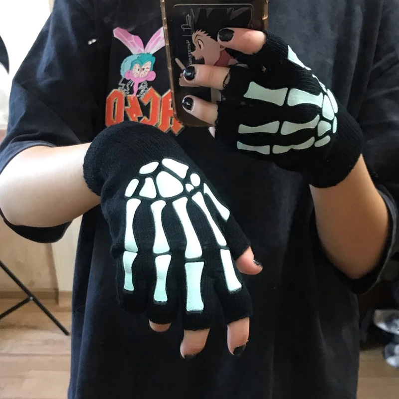 New Punk Gloves Unisex Halloween Skeleton Skull Half Finger Gloves Glow In The Dark Fingerless Stretch Knitted Winter Mittens