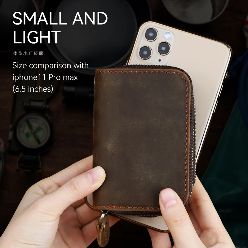 Dompet Kunci Kulit Asli untuk Pria Casing Kunci Pintar Mobil Retro Ritsleting Ganda Tas Tangan Organiser Dompet Koin Kunci Rumah Tangga Wanita