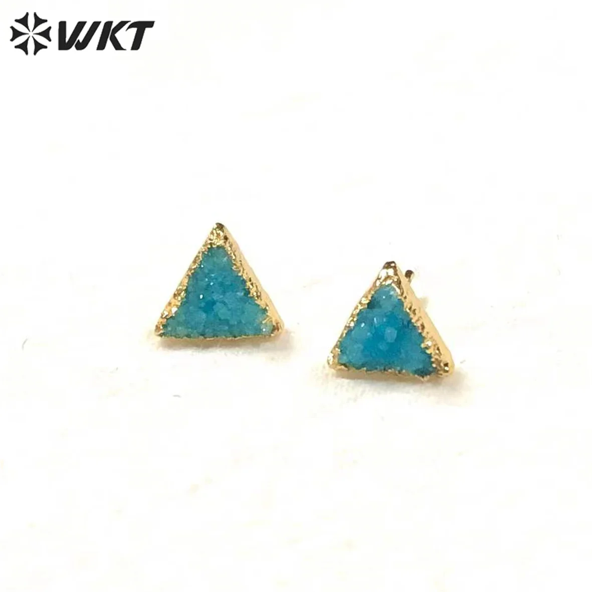 WT-E269 Wholesale 5pair/lot Triangle Stone Earrings Jewelry Natural Druzy Stone 10mm triangle stone with gold strim earring