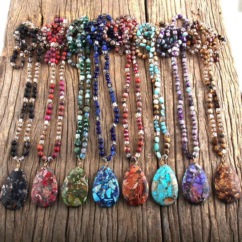 RH Fashion Bohemian Jewelry 6mm Natural Stones Crystal With Semi Precious Dorp Pendant Necklaces For Boho Necklace