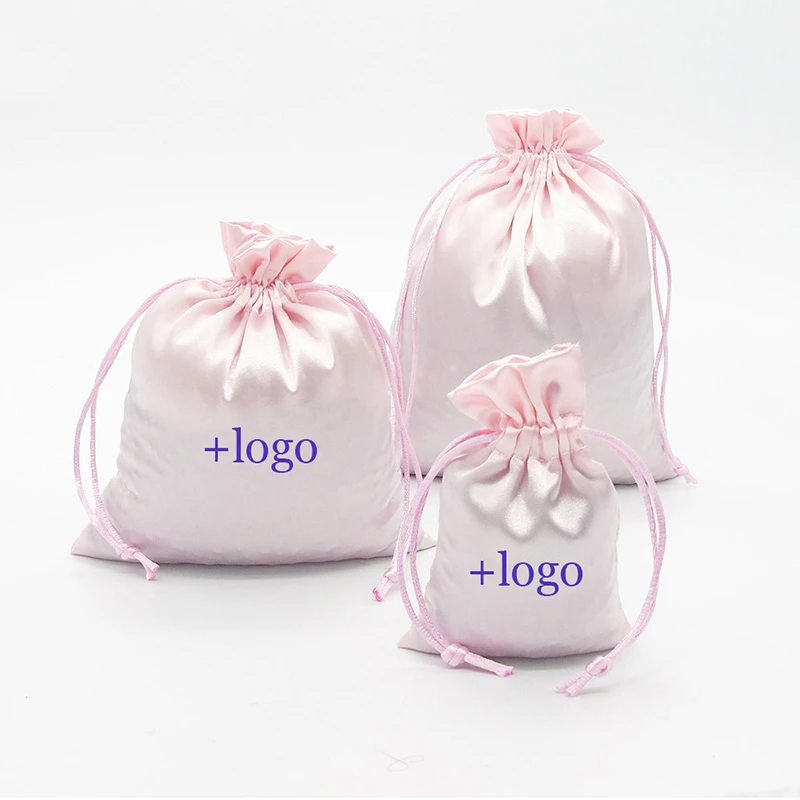 Satin Drawstring Bag Smooth Elastic Silk Jewelry/Cosmetic/Gift/Hair Bundles Extension Packaging Pouch Custom Logo/Size Print 100