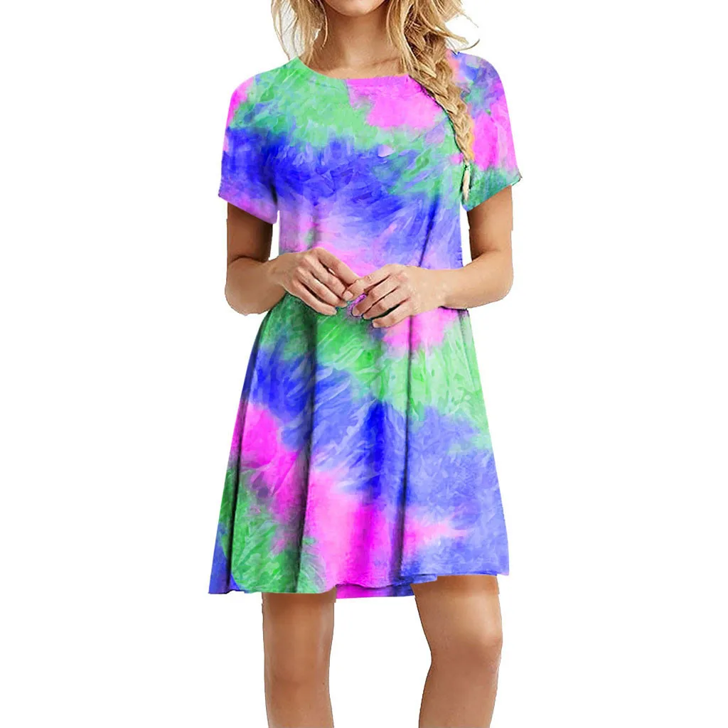 Moda letnia sukienka 2020 kobiet Tie-dye drukowane Casual T Shirt sukienki z krótkim rękawem sukienka typu Swing Femme Robe Vestidos de Mujer