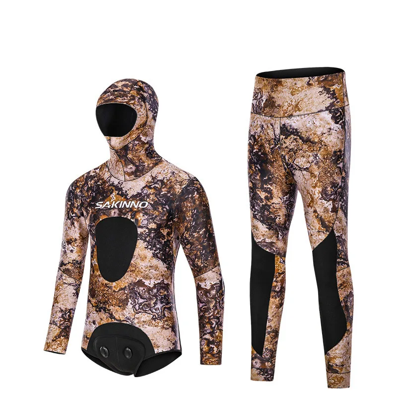 

3.5MM neoprene Camouflage Wetsuit Men Scuba spearfishing Hood Diving suit jacket + pants 2 pieces set winter thermal swimsuit