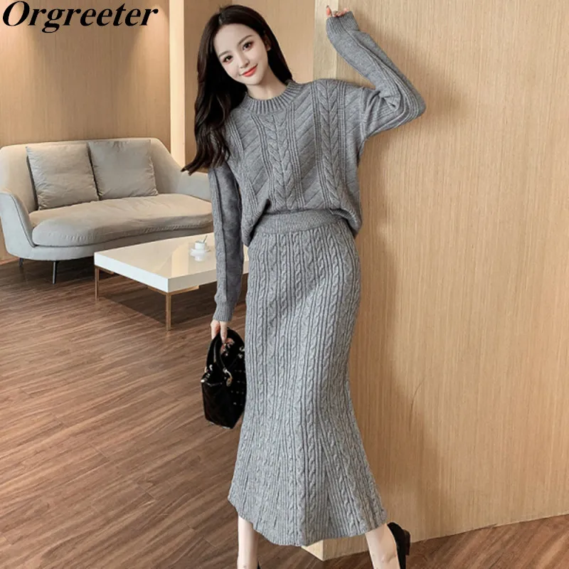 Elegant Women Knitted 2 piece set O-neck Twisted Pullovers&Ladies High Waist Mermaid Skirt Autumn Winter Sweater Set Female