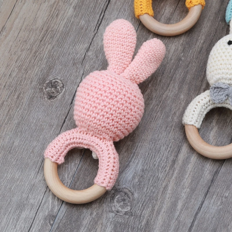 BPA Free Safe Crochet Baby Teether Cartoon Bunny Wooden  Rattle Toys DIY Infant Newborn Teething Ring Baby Stroller Cot Baby Toy