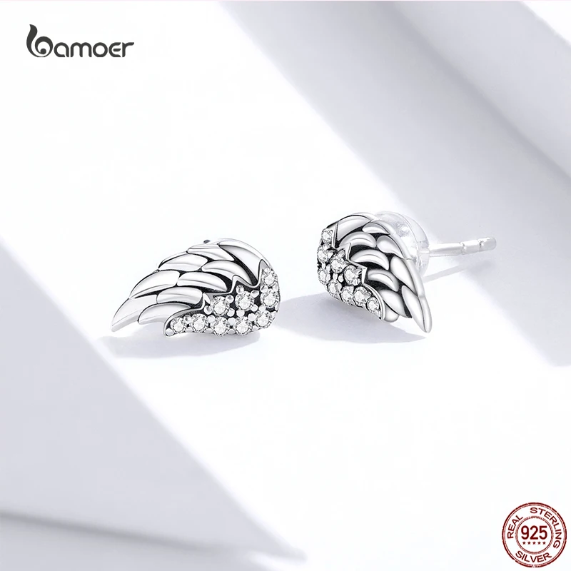 Bamoer Sacred Angel Wings Earrings for Women Genuine 925 sterling silver Wings Stud Earrings Clear CZ Hypoallergenic Jewelry