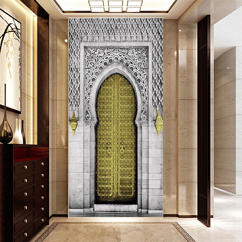 2pcs/set Muslim Islam Style Retro Door Art Mural Sticker Corridor Wardrobe Decorative Painting Peel & Stick Waterproof Wallpaper