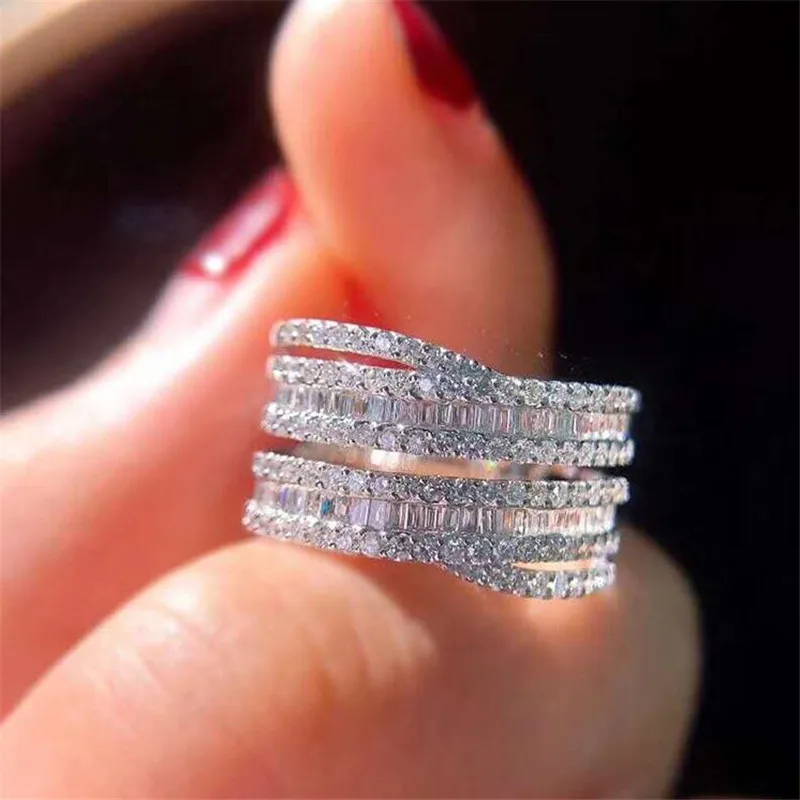 US Size 6-10 Luxury Jewelry 925 Sterling Silver Full Princess Cut White Topaz CZ Diamond Cross Ring Eternity Women Wedding Ring