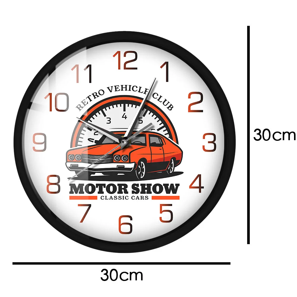 Motor Show Transportation Metal Frame Wall Clock intage Classic Car Garage Business Sign Sound Control Watch Retro Vehicle Time