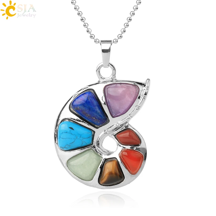 CSJA Spiral Shape Pendant Natural Stone 7 Chakra Necklaces & Pendants for Women Men Yoga Reiki Healing Bead Fashion Jewelry F737