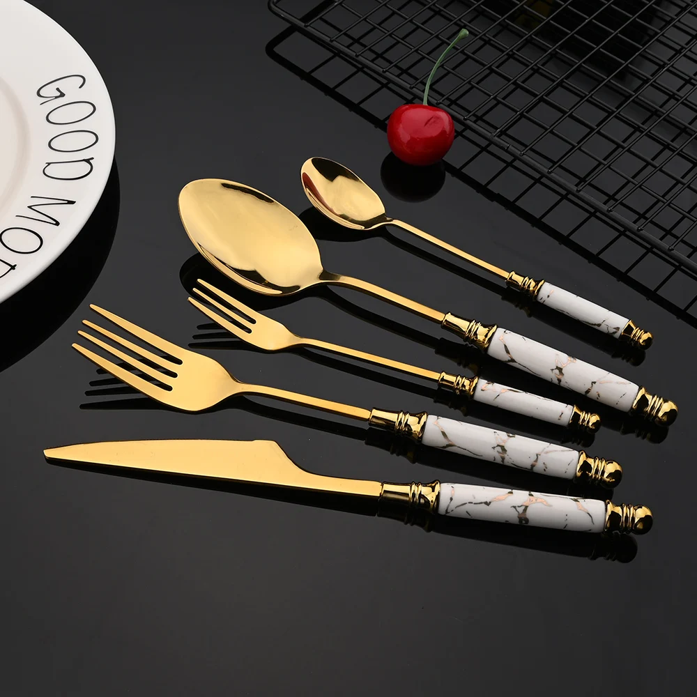 Gold Ceramic Tableware Tea Fork Spoon Knife Set Vintage Flatware Cutlery Set Stainless Steel Dinner Dinnerware Silverware Set