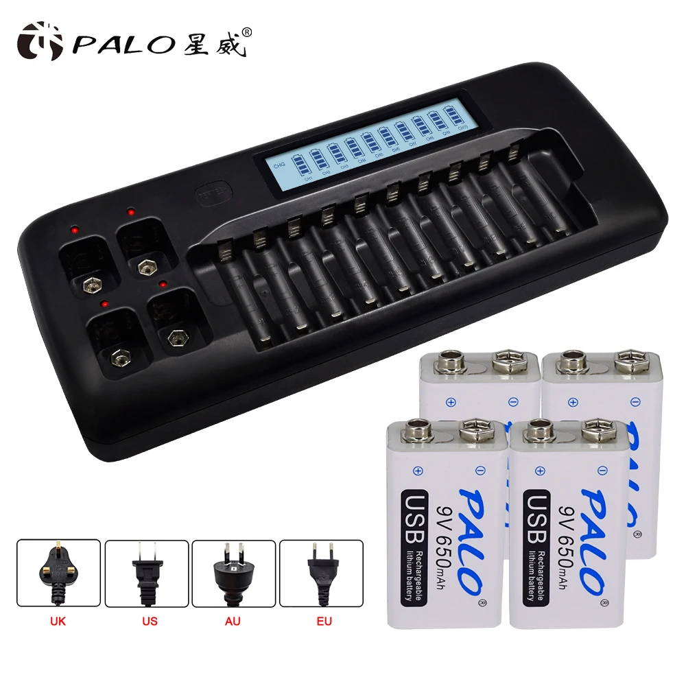 PALO 9V Charger battery charger for 3.7V/9v batteries 1.2v aa aaa ni-mh ni-cd rechargeable battery with 4pcs 9V usb battery